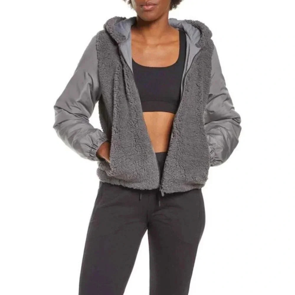 NWT Zella Faux Shearling Hooded Bomber Jacket S